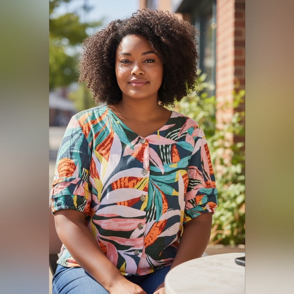 Sonoma Tropical Print Button-Up Blouse